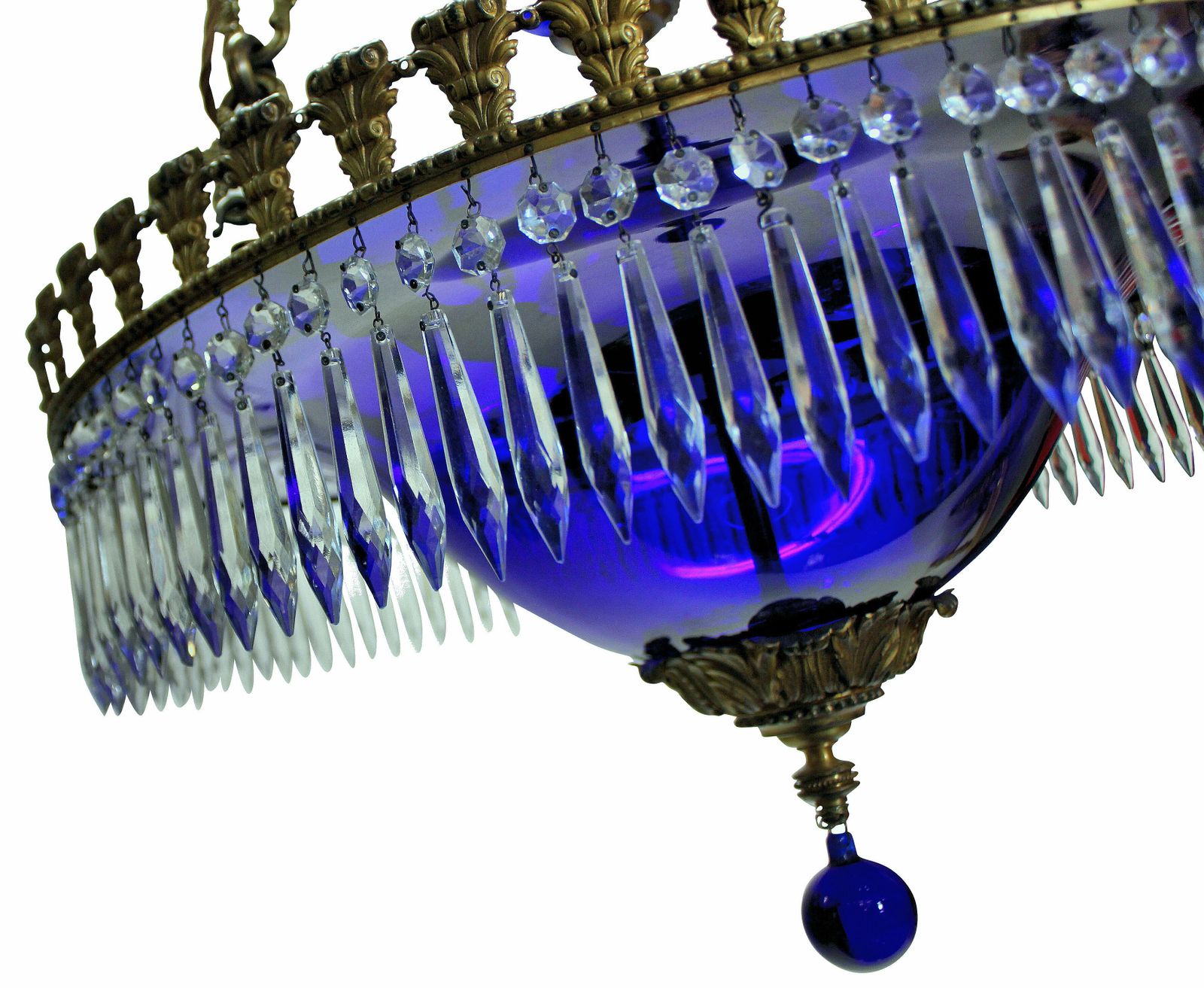A Baltic Blue Glass & Gilt Bronze Corona Chandelier photo for sale
