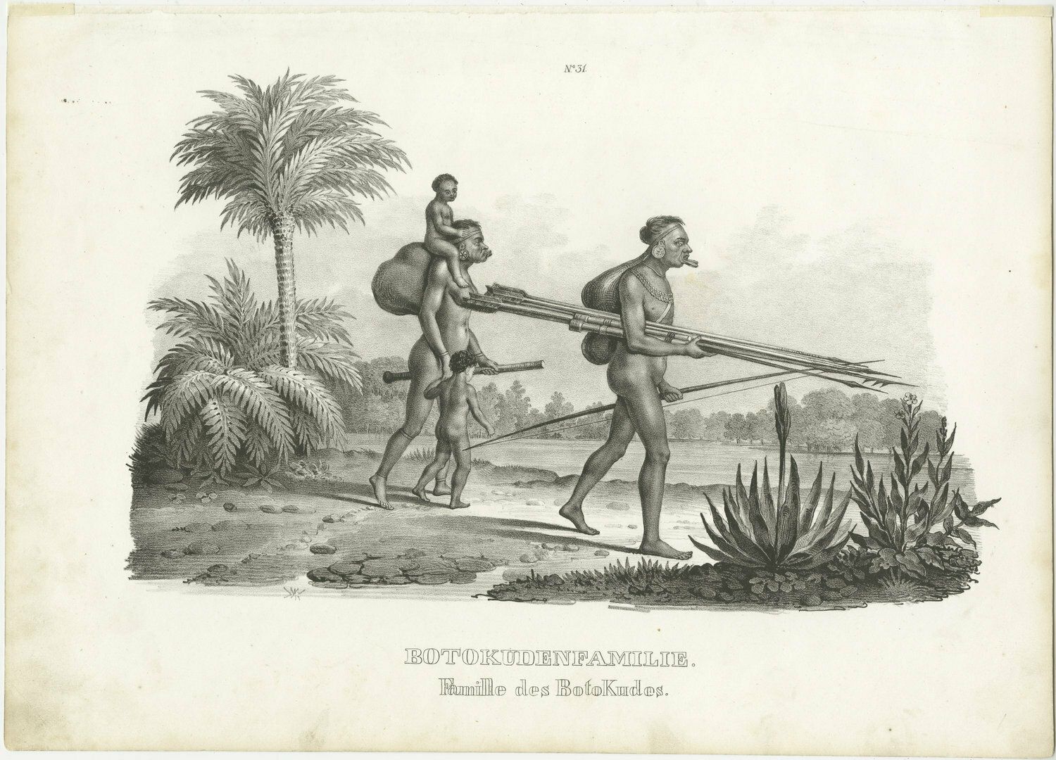 Antique Steel Engraved Print Showing Botocudo, South American Indian People