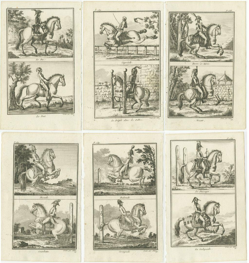 Set Of 6 Antique Horse Riding Prints, Capriole, Croupade, Le Trot, Courbette