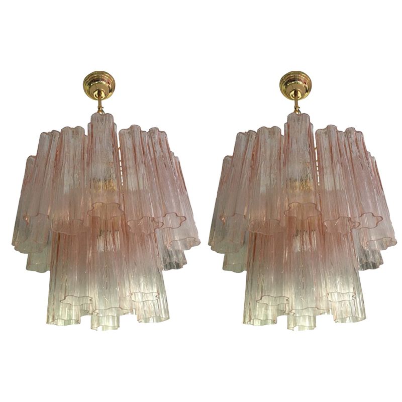 Pink Murano Glass Style Tronchi Venini Chandelier, Lot Of 2 Or A Pair Of Chandeliers photo furniture