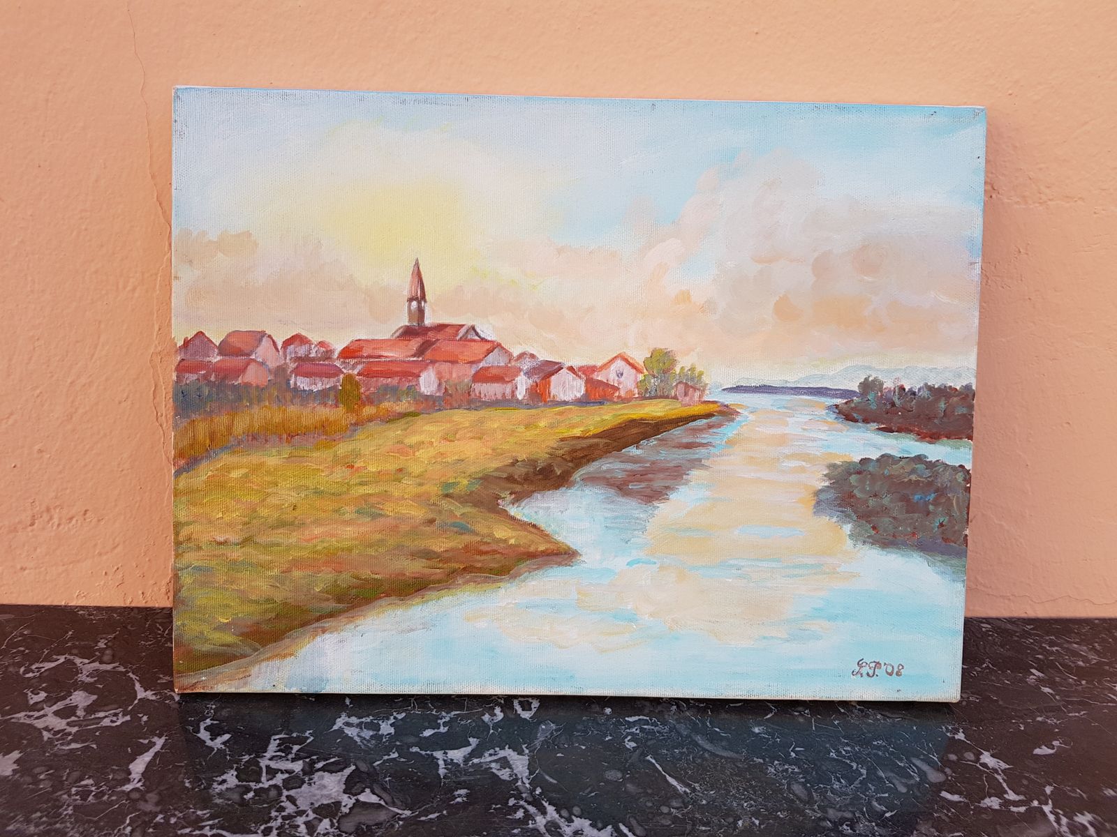 Oil On Canvas A Village Near The River photo Art