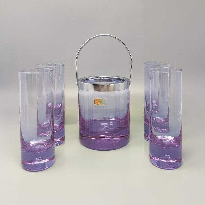 1970s Gorgeous Crystal Ice Bucket With 4 Glasses By Ivat. Made In Italy photo for sale