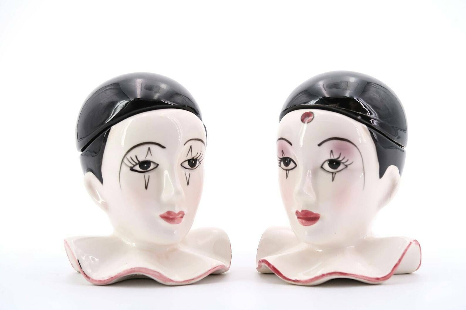 Porcelain Pierrot Head Salt And Pepper Shakers And Condiment Dishes, 1970s / Clown, Circus, White