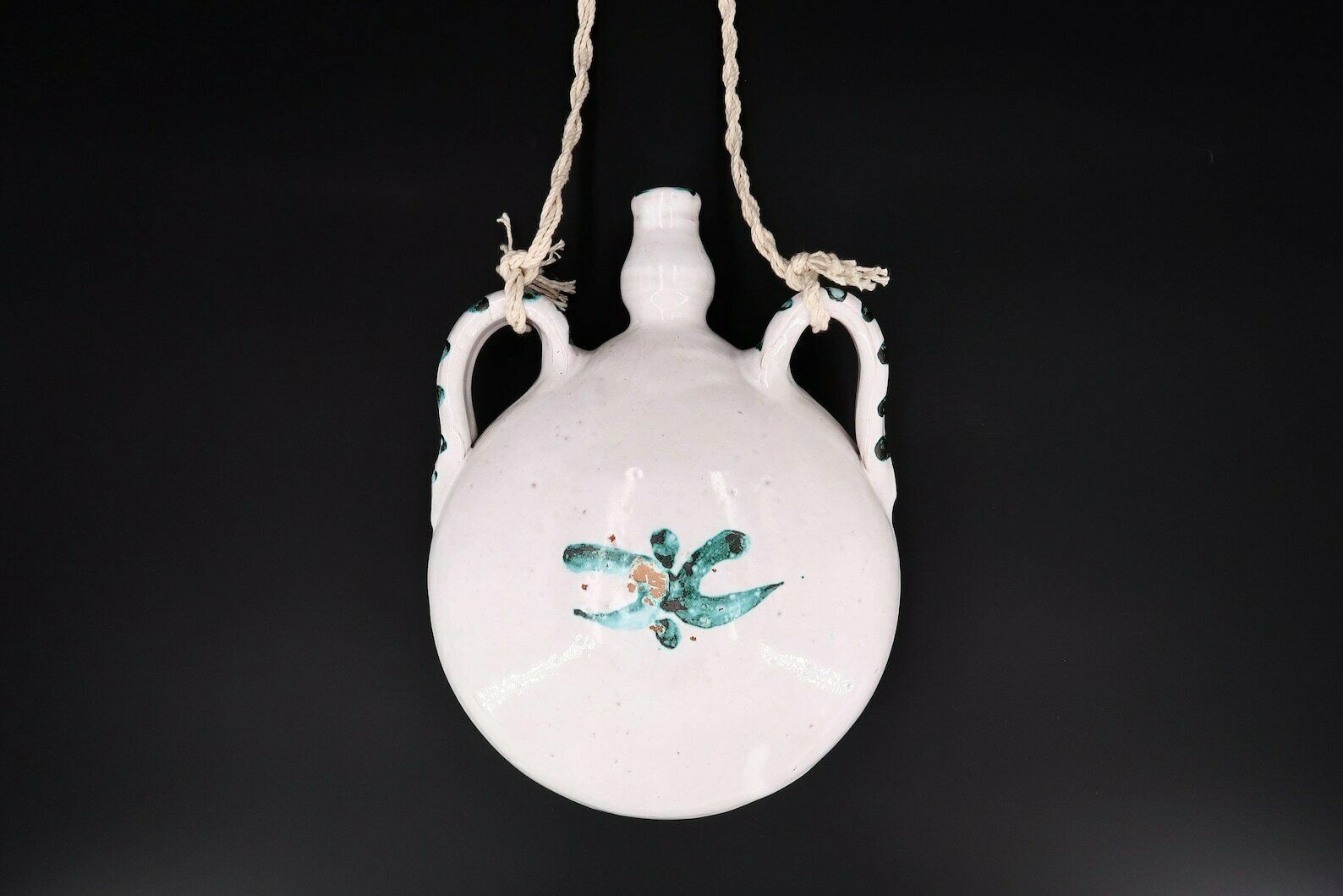 French Ceramic Wall Gourd Bottle, Vallauris, 1960s / Robert Picault, Vase, Costa Riviera, Boho Chic, Bohemian, White Green