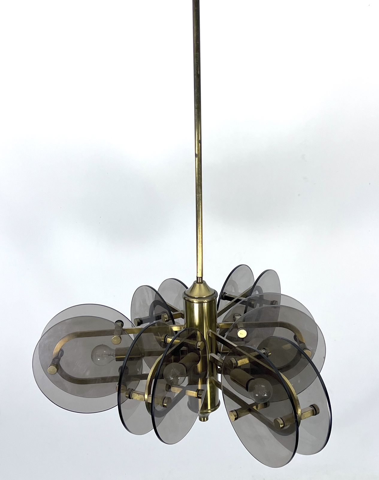 Postmodern Brass And Thick Glass Chandelier By Gino Paroldo. Italy 1970s photo for sale