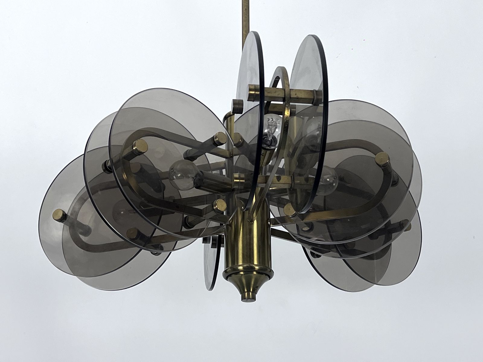 Postmodern Brass And Thick Glass Chandelier By Gino Paroldo. Italy 1970s photo vinterior
