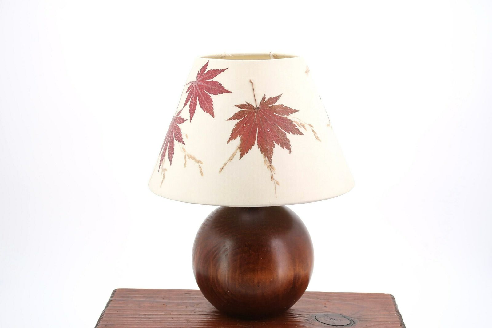 Franse Houten Tafellamp, Lampenkap Met Esdoornbladeren, Jaren 1970 / Bol, Herbarium, Herfst, Boho Chic, Folk