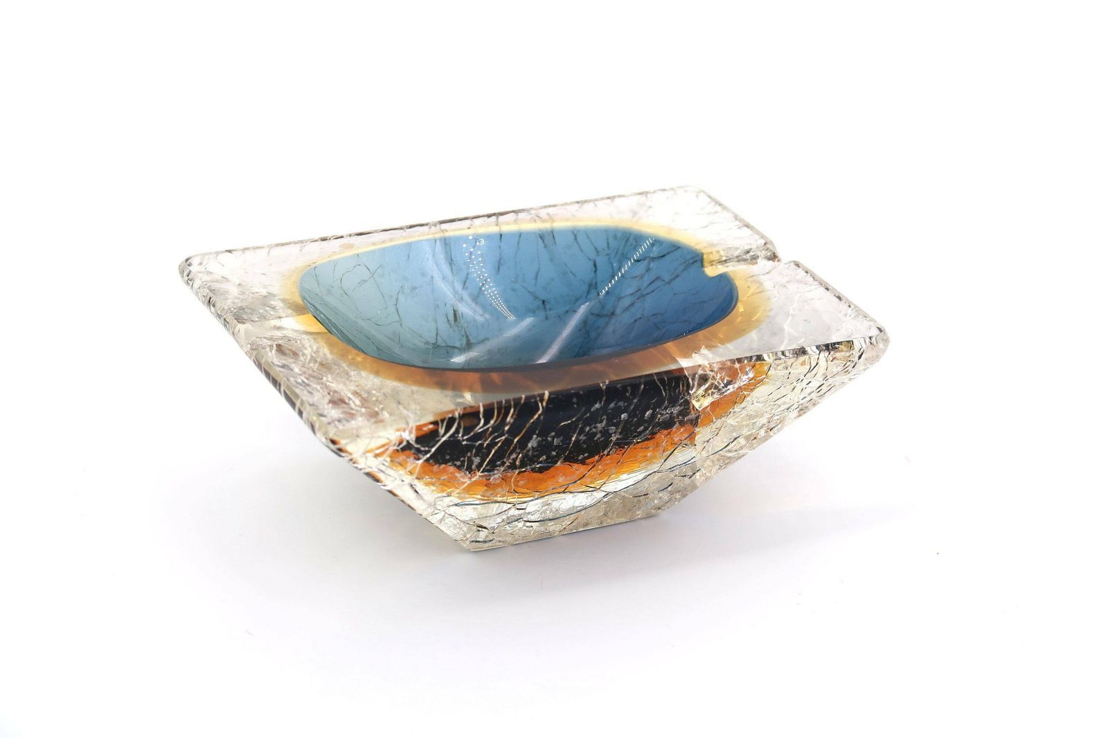 Rare Murano Cracked Glass Effects Ashtray, Mid Century Modern, 1950s / Blue, Orange photo Home Decor