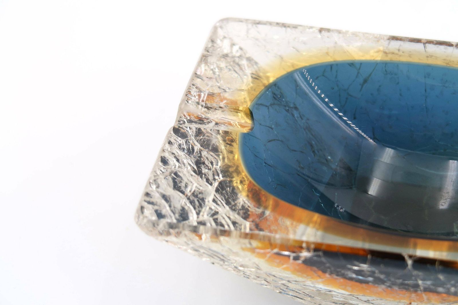 Rare Murano Cracked Glass Effects Ashtray, Mid Century Modern, 1950s / Blue, Orange photo vinterior