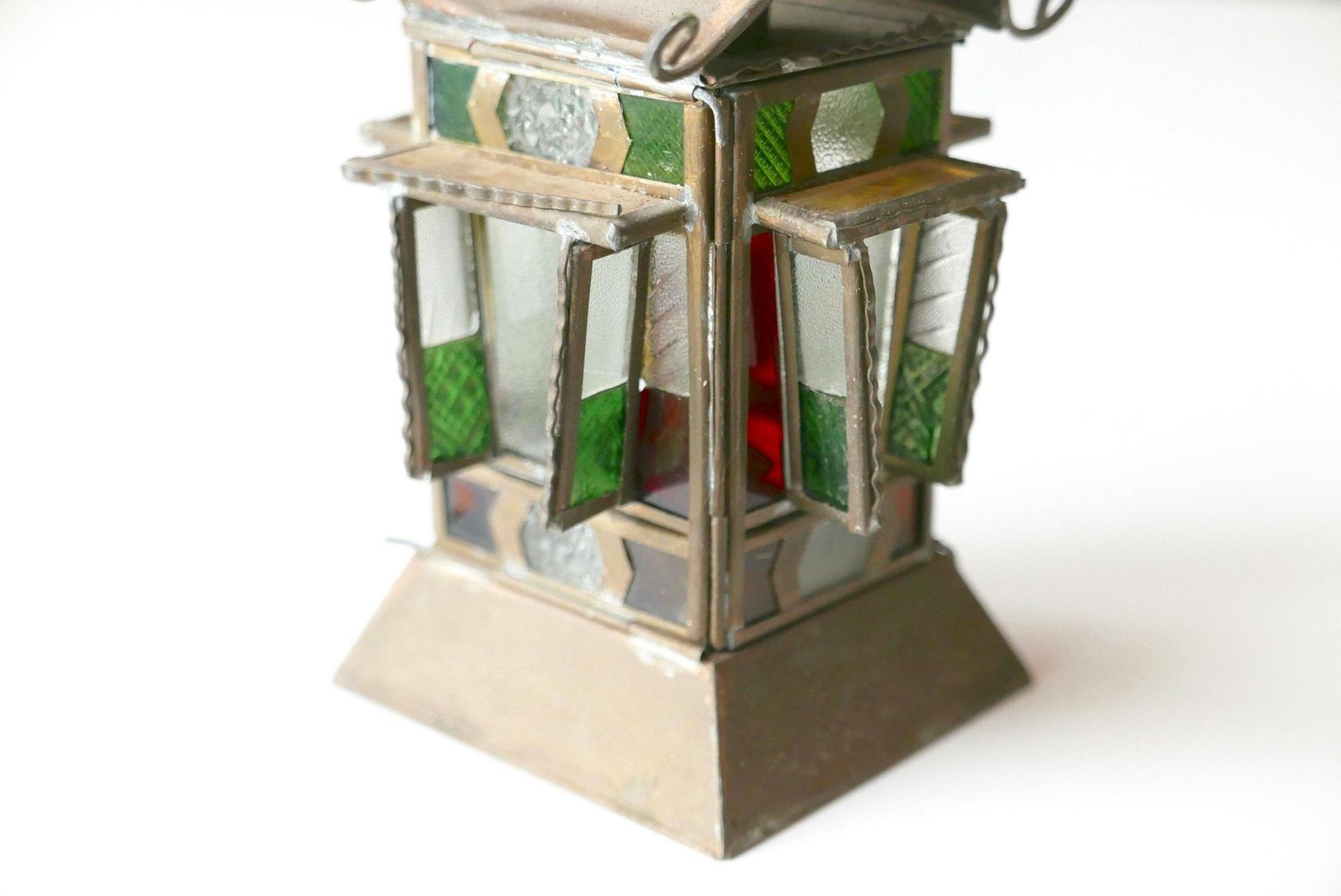 Lanterne en verre et métal, lampe à huile, années 1950, vintage, folk, boho chic, bohémien, à suspendre au mur photo 184.0