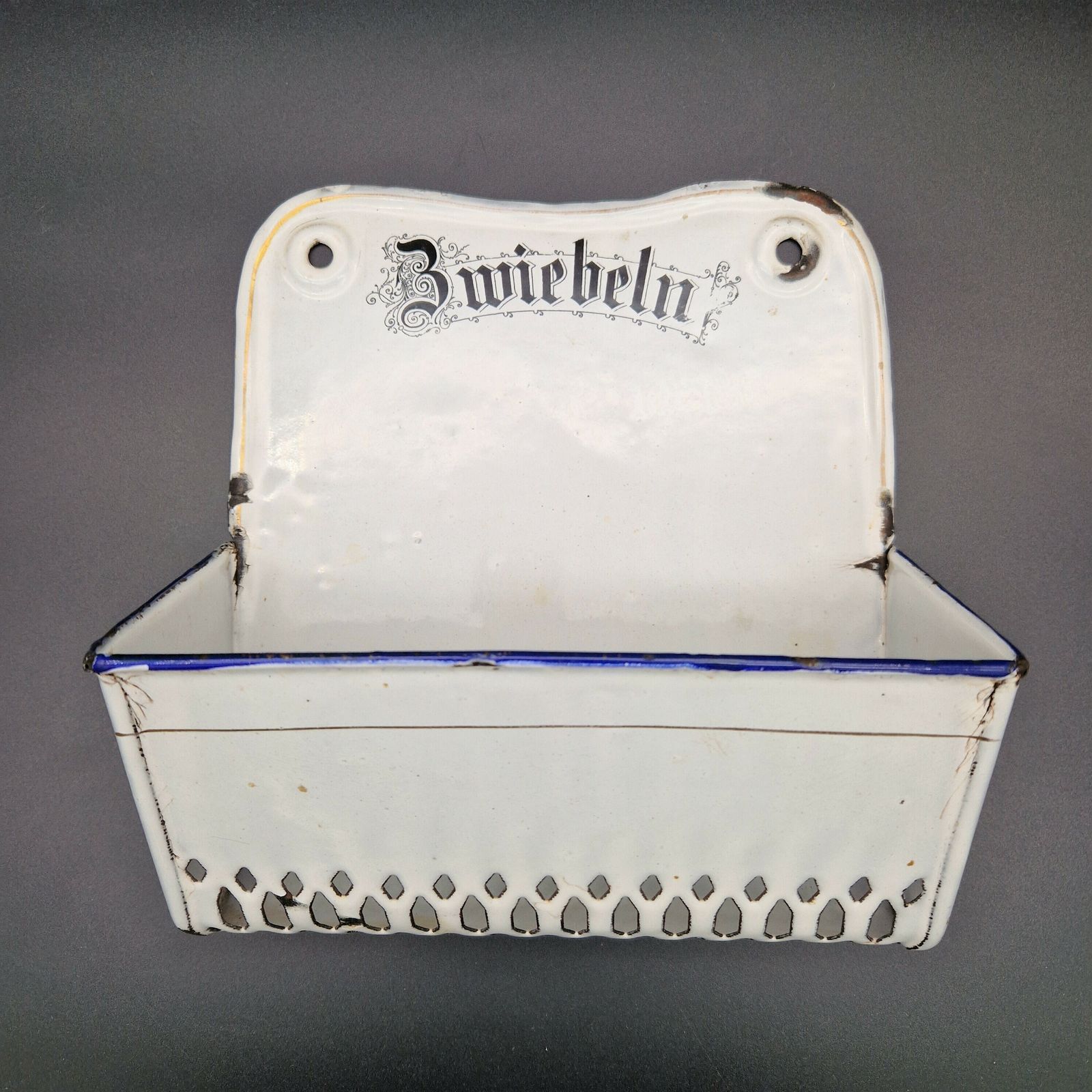 Antique Enamelled Onion Wall Storage Container. 1900   1920