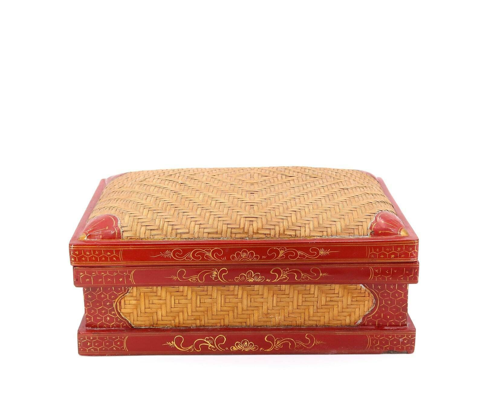 Large Asian Wicker And Lacquered Wood With Decors, 1970s / Red, Japan, Asia, China, Folk