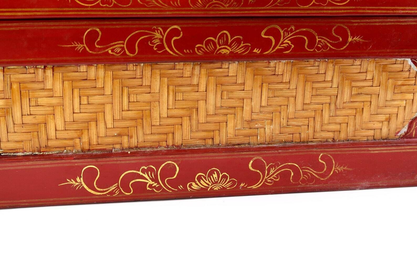 Large Asian Wicker And Lacquered Wood With Decors, 1970s / Red, Japan, Asia, China, Folk photo for sale