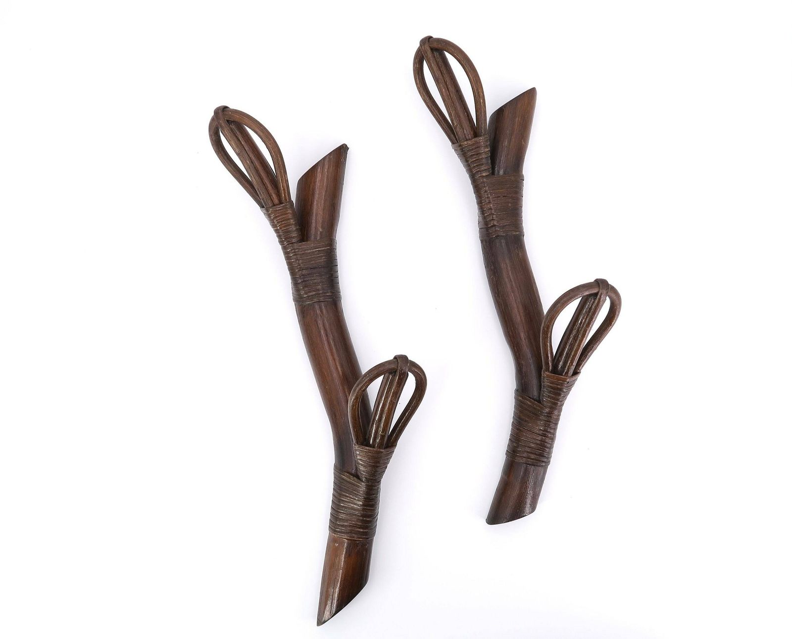 Paar Franse Bamboe Kapstokken "Leaves", Jaren 1970 / Vintage Haak, Boho Chic Bohemian Folk Tiki, Rattan Wicker