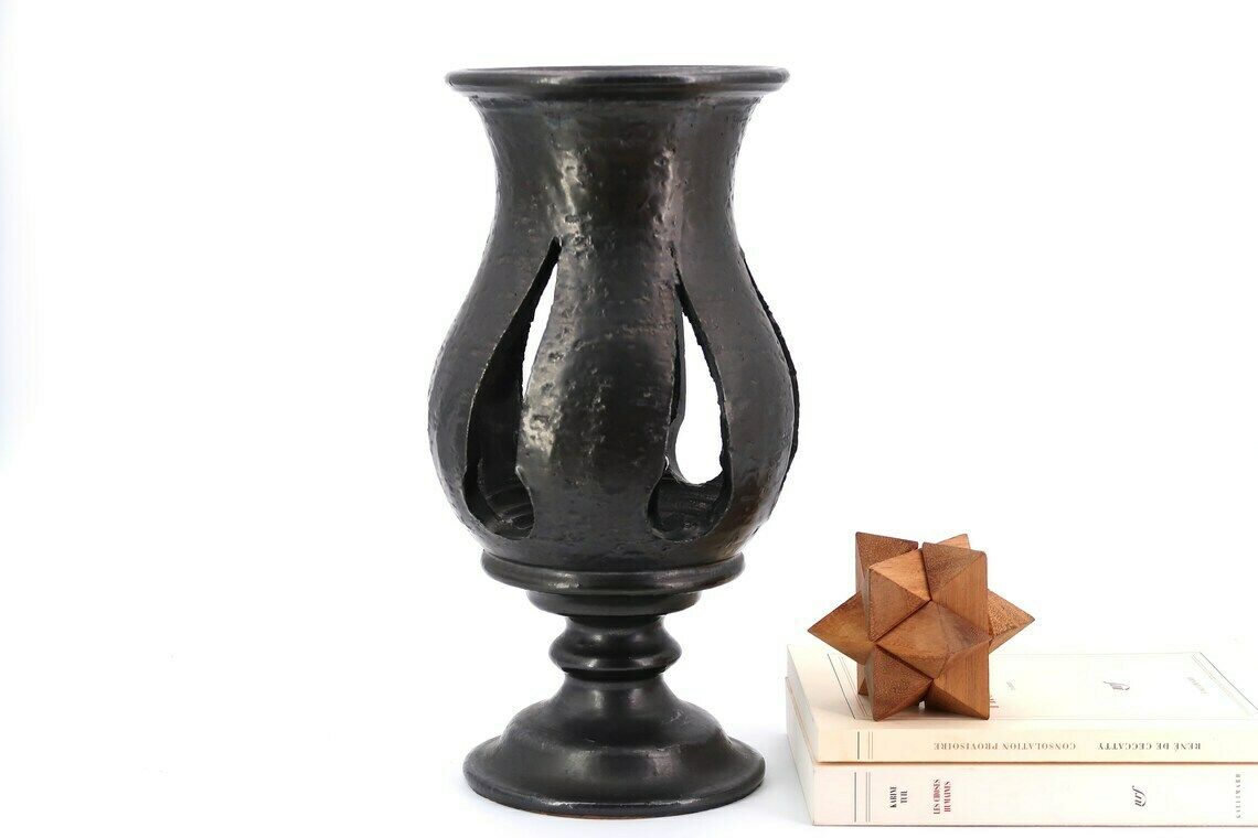 Huge French Black Ceramic Candleholder Lantern By Jean Marais, Vallauris, 1960s / Candle Holder, France, Costa Riviera