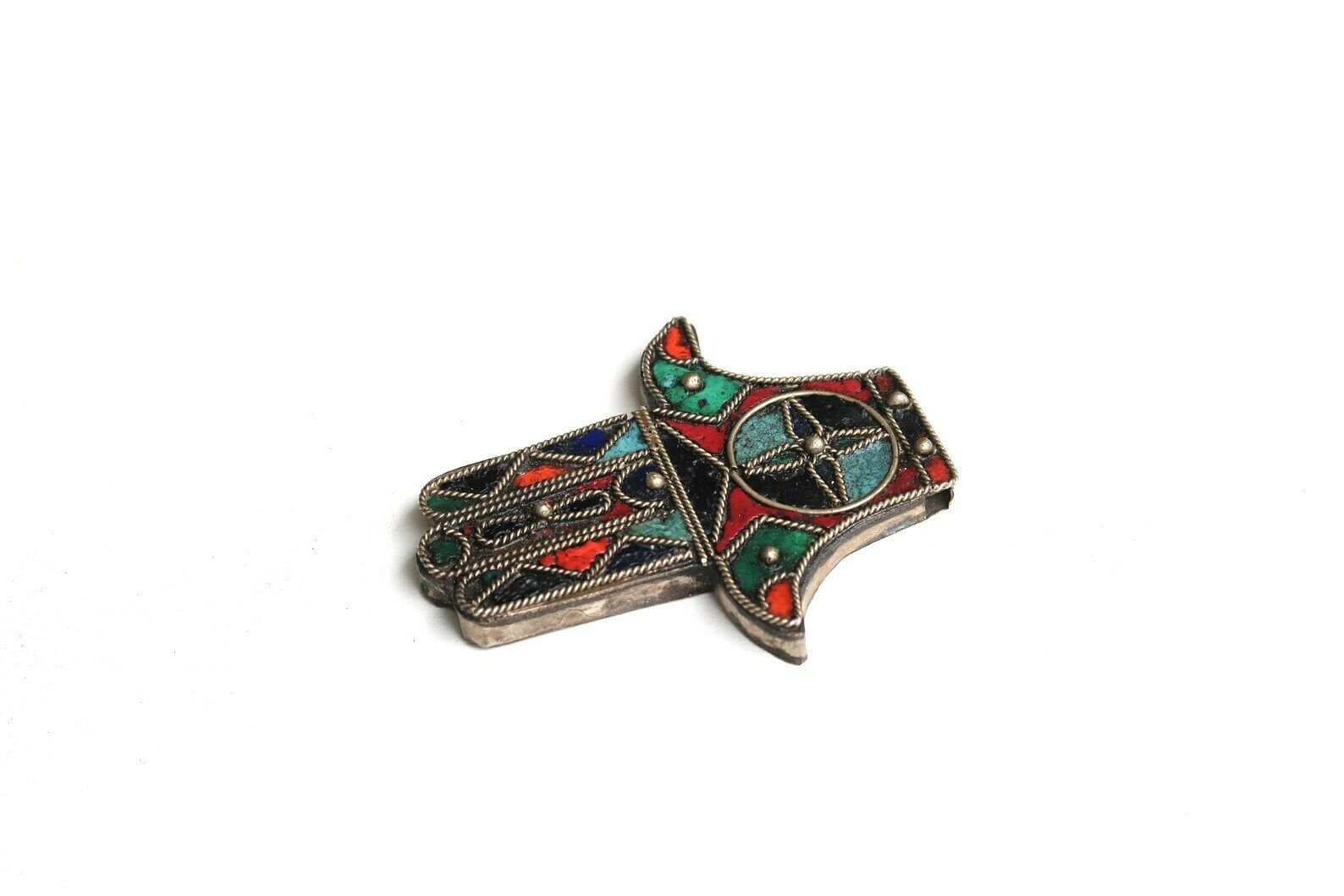 Grote Hanger : Zilveren En Kleurrijke Hars Hamsa Hand, Ca. Jaren 1960 / Boho Chic, Bohemian, Folk, Talisman, Geluksbrenger, Charms, Marokko, Khamsa photo furniture