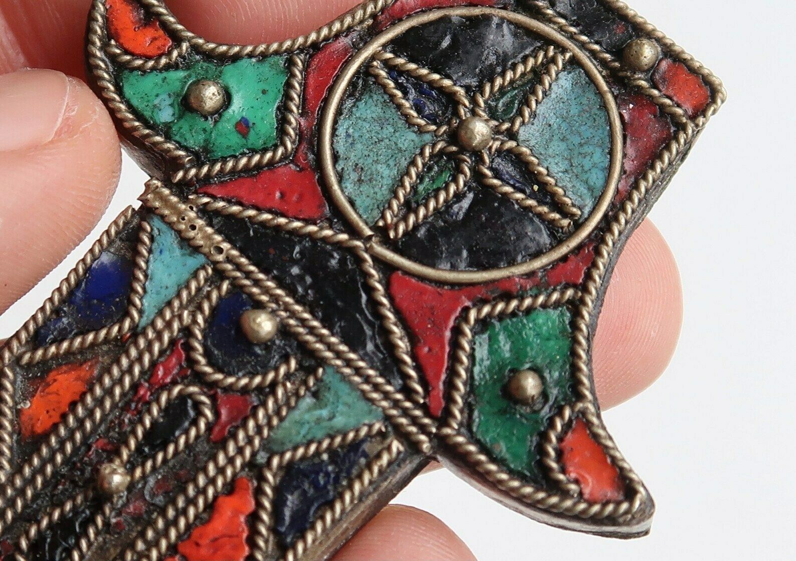 Large Pendant : Silver And Colorful Resin Hamsa Hand, 1960s / Boho Chic, Bohemian, Folk, Talisman, Lucky Charm, Charms, Morocco, Khamsa photo Home Decor