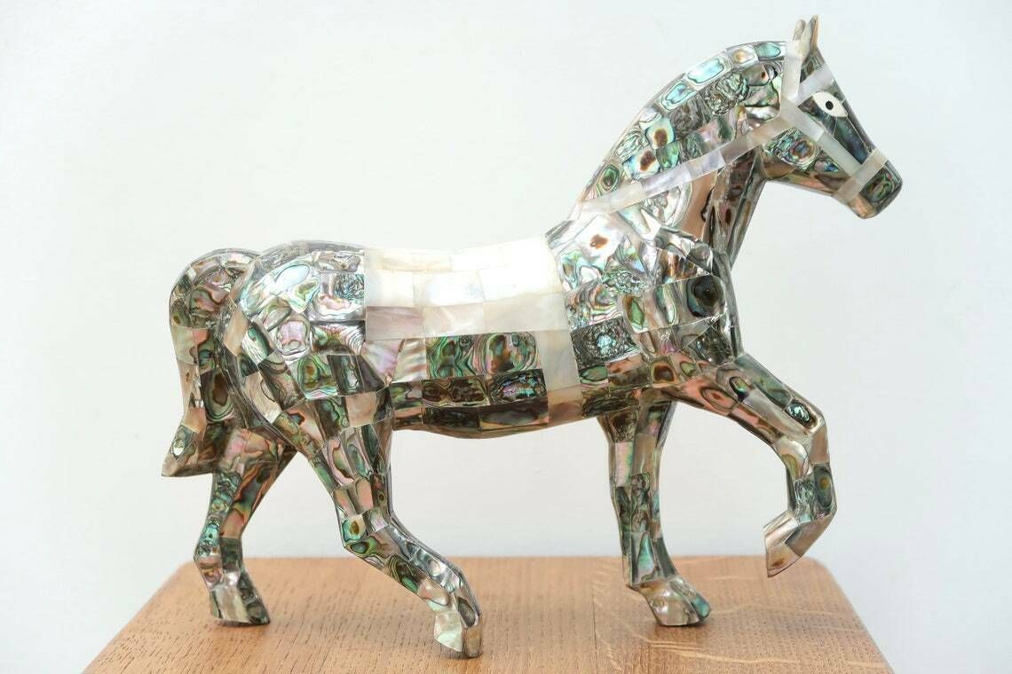 Large Mexican Mother Of Peal Horse Sculpture, 1970s / Inlay, Mosaic, Animal, Art, Mexico, Boho Chic Bohemian Folk photo vinterior