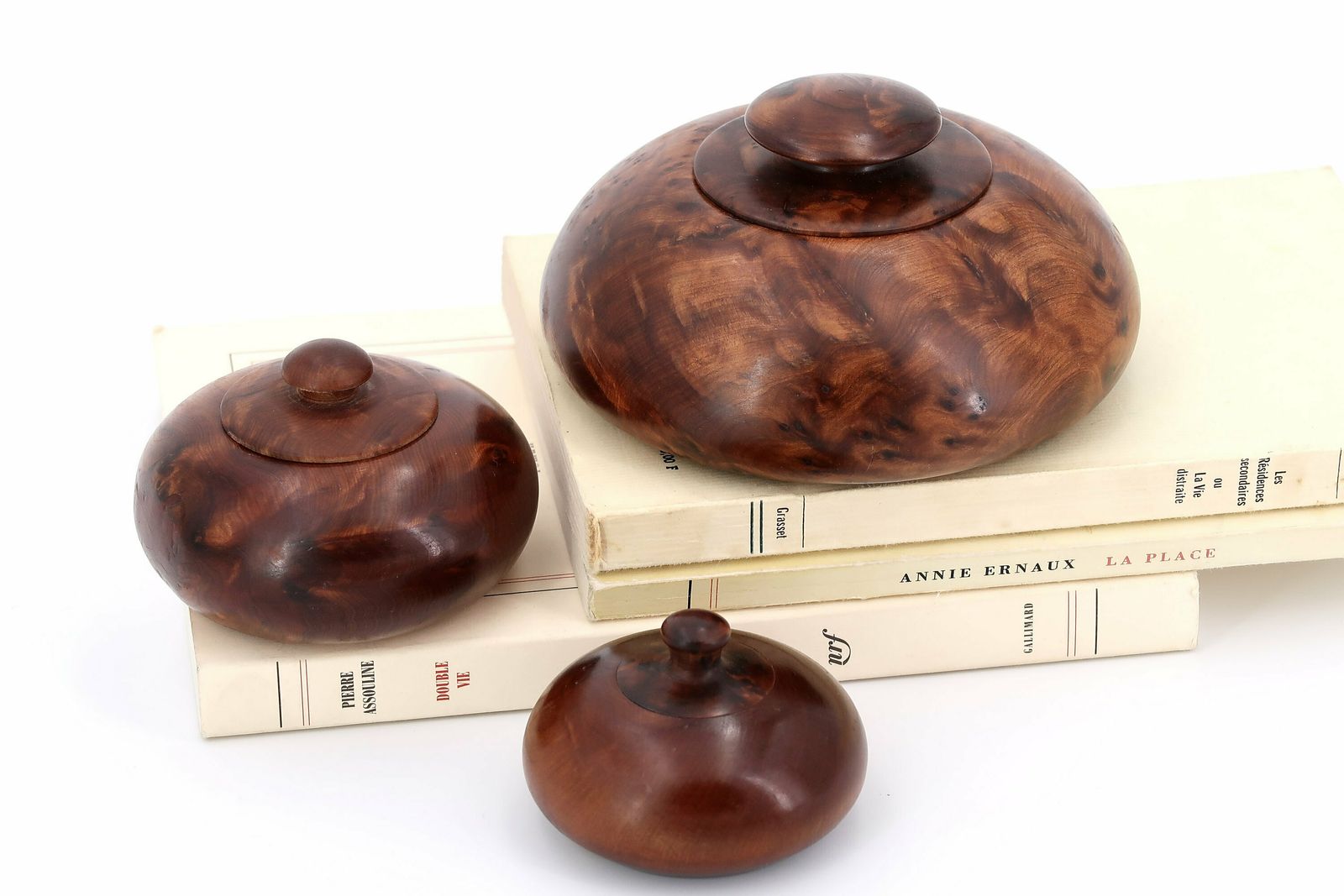 Set Van 3 Houten Doosjes Van Iepenhout, Jaren 1970 – Cabinet Of Curiosities, Bureaukistje, Houten Sculptuur, Boho Chic