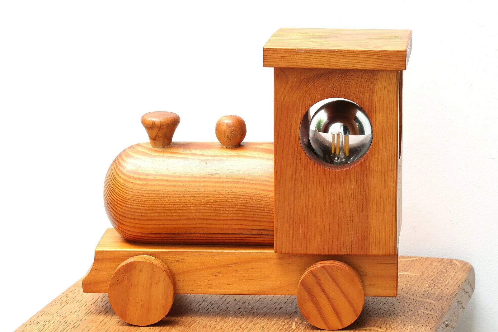 French Train Locomotive Pine Wood Table Lamp, 1970s / Kid Room, Modern, Wooden Lighting photo furniture