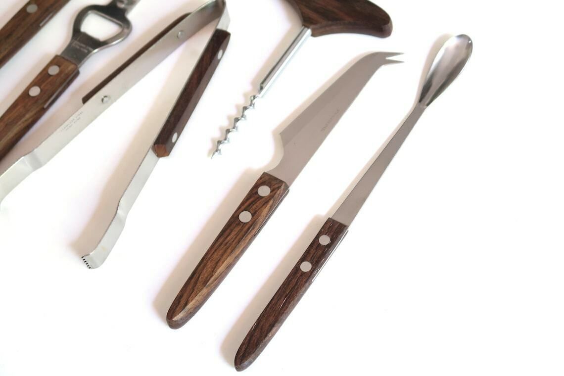 Bar Tool Kit, 7 Accessories By Cutor, Stainless Steel And Rosewood, Made In Hong Kong, 1970s / Corkscrew, Bottle Opener, photo furniture