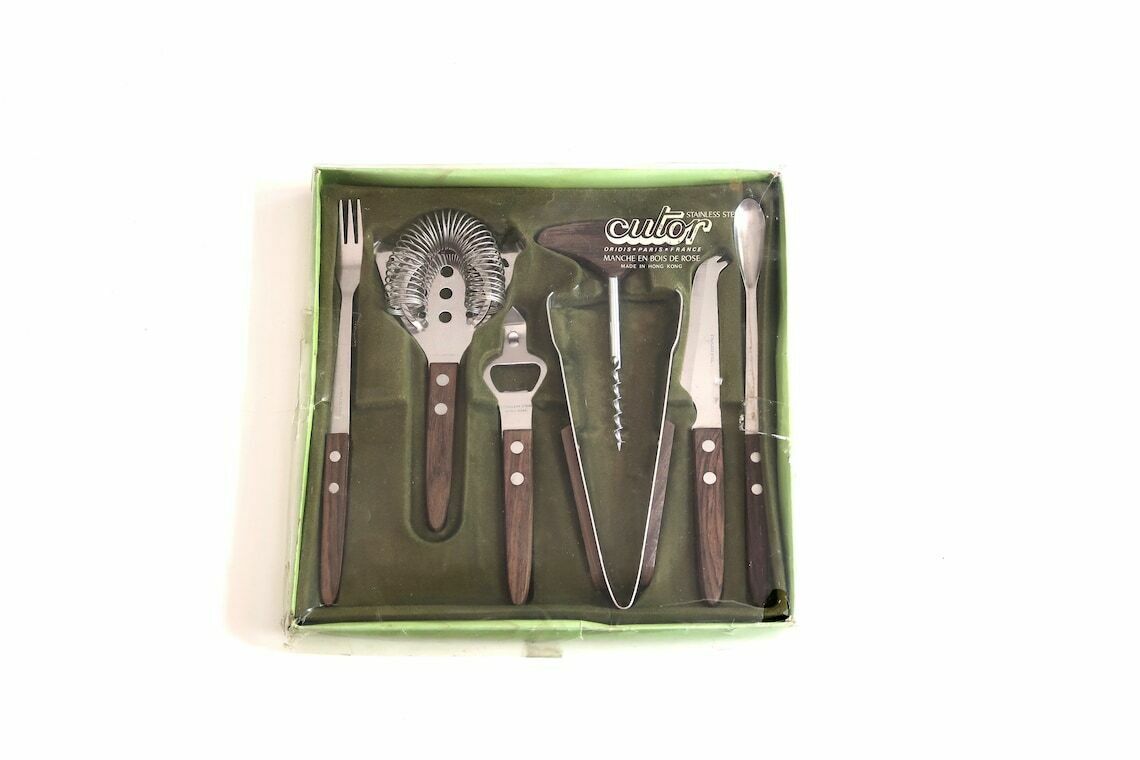 Bar Tool Kit, 7 Accessories By Cutor, Stainless Steel And Rosewood, Made In Hong Kong, 1970s / Corkscrew, Bottle Opener, photo buy