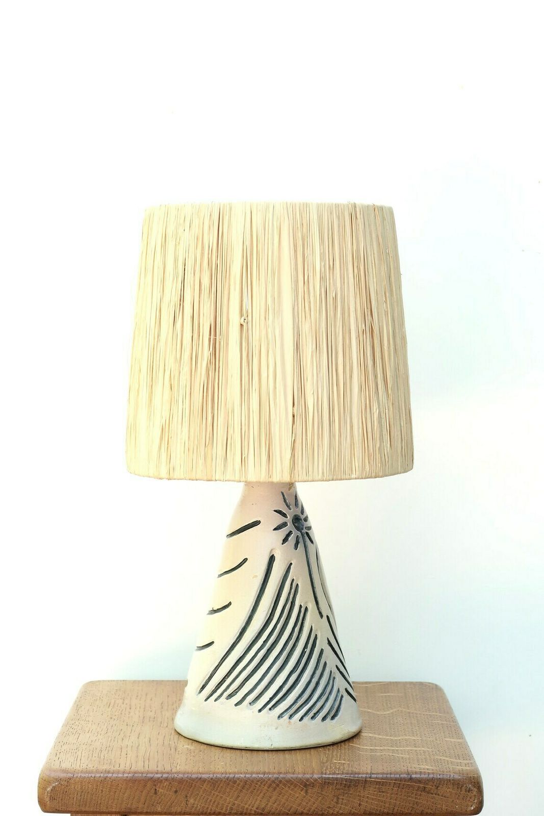White And Blue Ceramic Table Lamp, Raffia Shade, 1980s / Boho Chic, Folk photo furniture