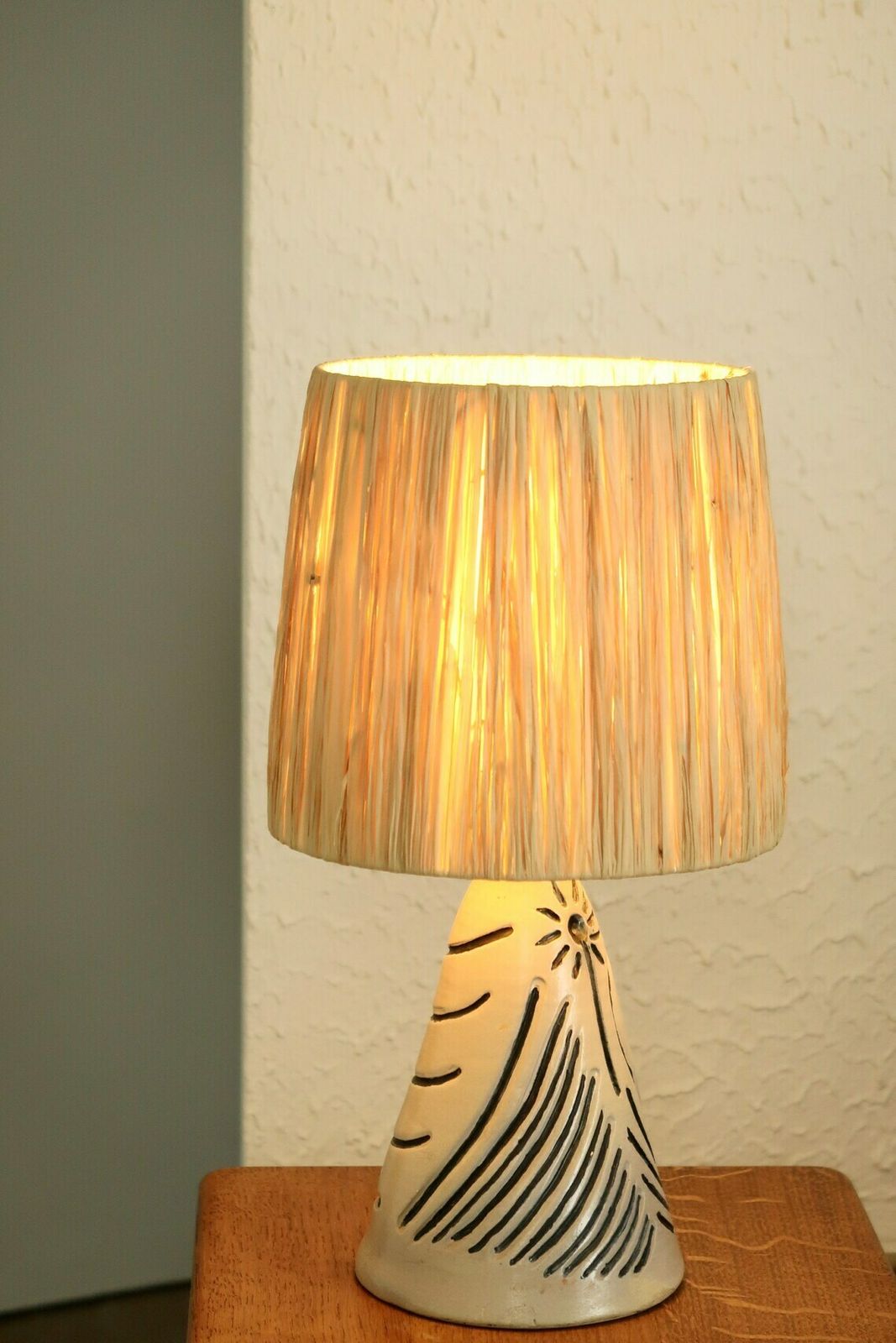 White And Blue Ceramic Table Lamp, Raffia Shade, 1980s / Boho Chic, Folk photo for sale