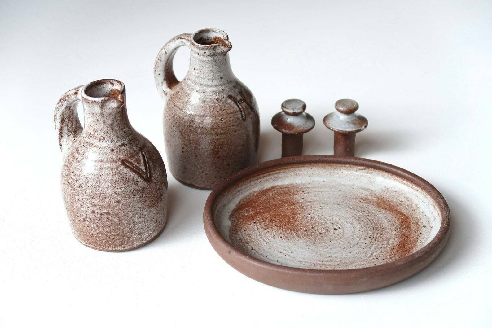 French Ceramic Pitchers " Oil & Vinegar " By Jeanne And Norbert Pierlot, Ratilly France, 1960s / Grey Stoneware, Boho Chic, Country, Rustic photo furniture