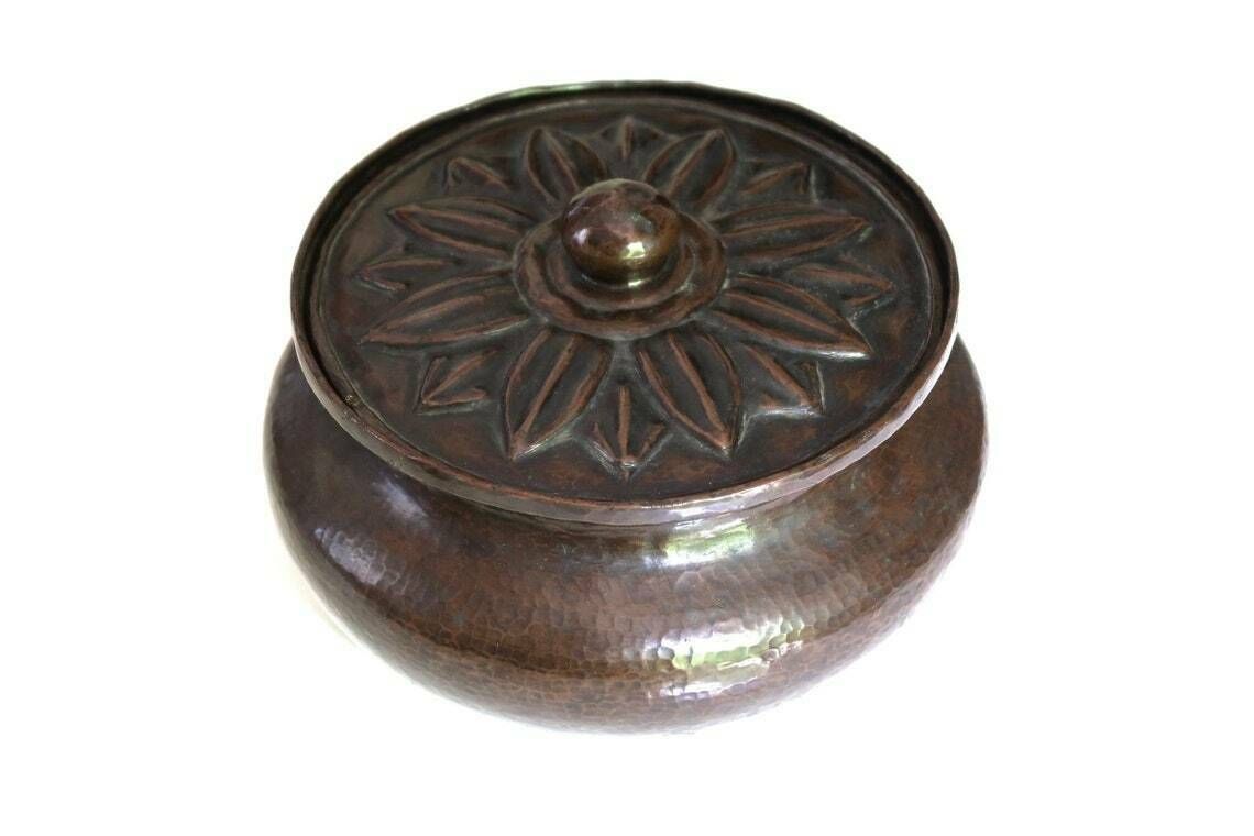 Marokkaans Gehamerd Koperen Doosje, Koperwerk, Jaren 1970 / Boho Chic, Folk, Tribal, Opbergen, Bohemian, Ethnic, Sieradendoos