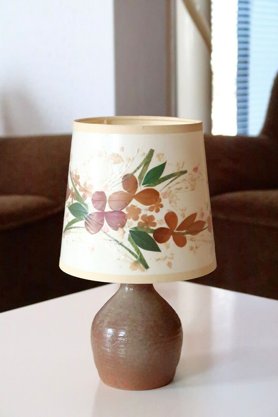 French Ceramic Table Lamp, Herbarium Lampshade, 1960s / Vintage, Boho Chic, Folk, Bohemian, Country, Rustic, Foral photo for sale