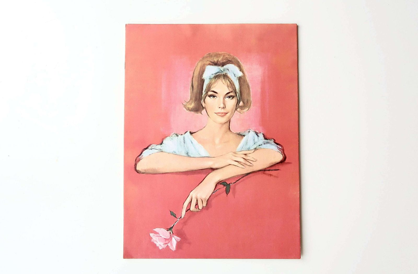 1960s Print On Cardboard Panel : Woman With Rose, Pin Up / Portrait, Jh Lynch, Tretchikoff, Vintage