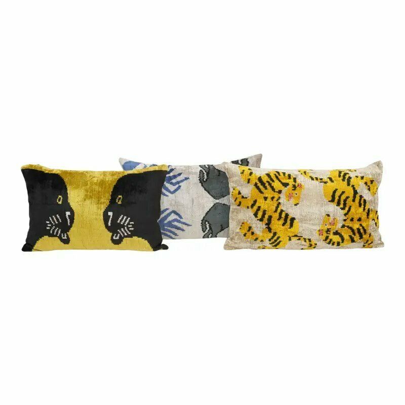 Ikat Velvet Pillow, Trible Animal Lumbar Pillows   Set Of 3