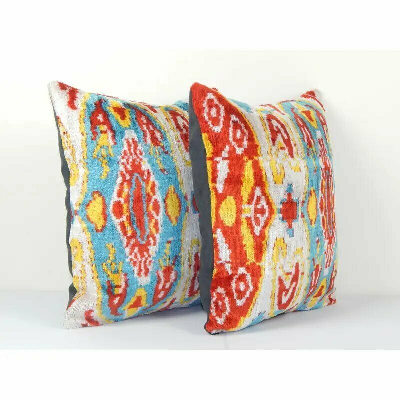 Geometric Design Ikat Velvet Pillow   Set Of Two Ethnic Silk Cushion Cover   Designer Pillow 16" X 16" photo for sale