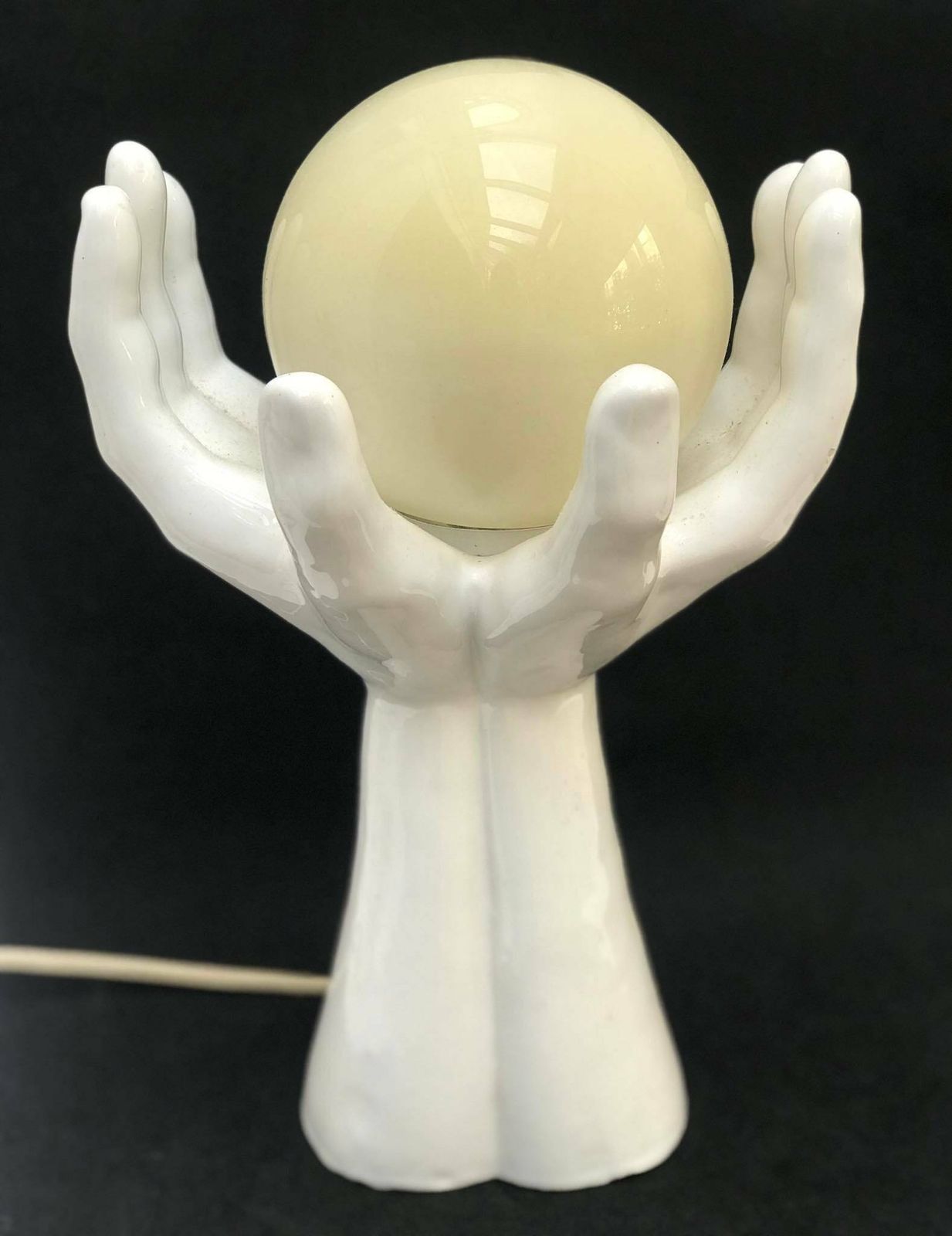 Table Lamp Vintage Hands With Globe Lamp, Midcentury Ball Of Light 70s Ceramic With Glass Globe Ball Design Vintage photo buy