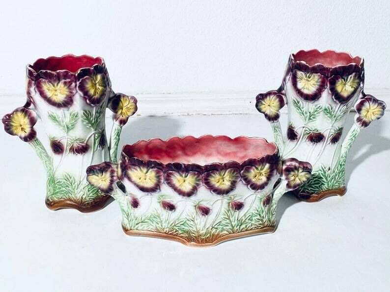 Art Nouveau Frie Onnaing Pansy Floral Motif Ceramic Planter & Vase Set