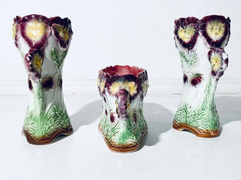 Art Nouveau Frie Onnaing Pansy Floral Motif Ceramic Planter & Vase Set photo Home Decor