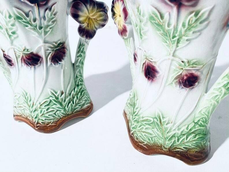 Art Nouveau Frie Onnaing Pansy Floral Motif Ceramic Planter & Vase Set photo buy