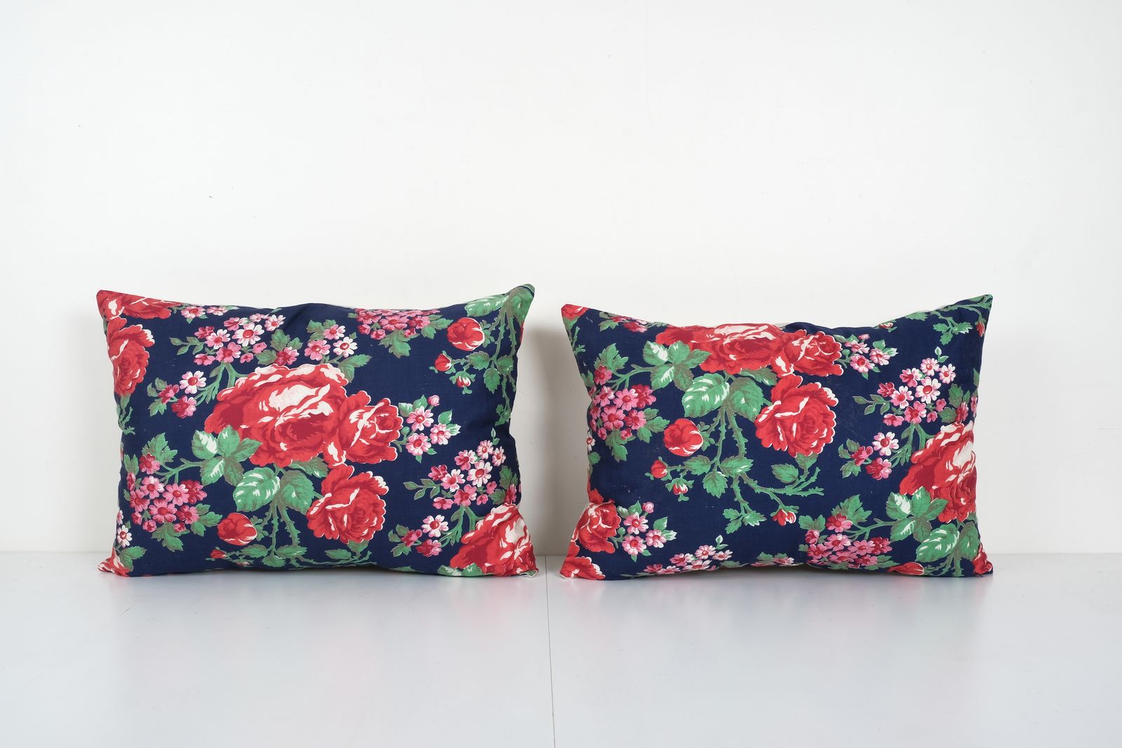 Pair Old Uzbek Trade Cloth Pillow, Set Vintage Floral Roller Print Bedding Cushion Cover On Cotton 14'' X 24''