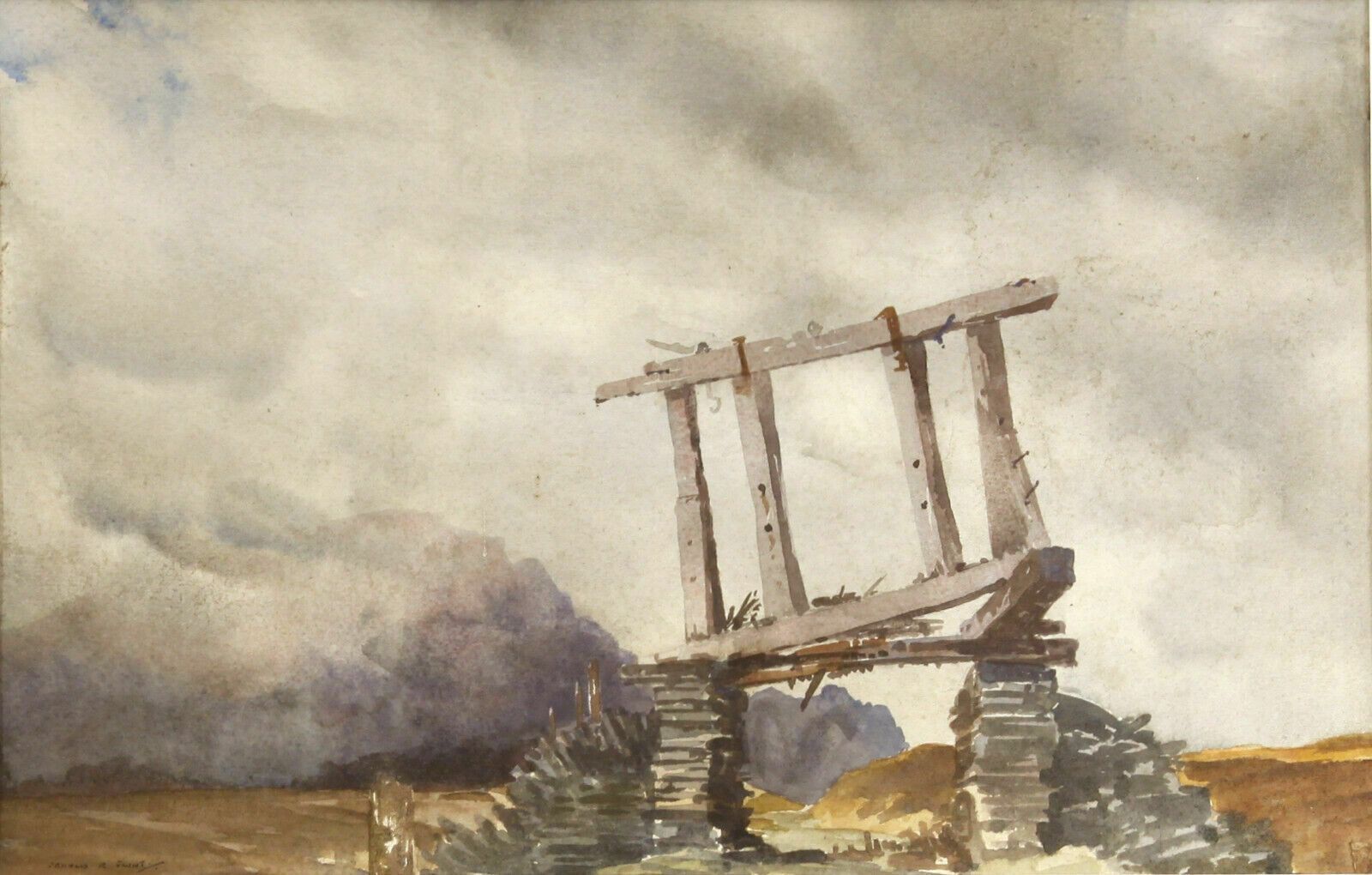 Watercolour By Francis Russell Flint. Dilapidated Bridge, Probably Continental photo furniture