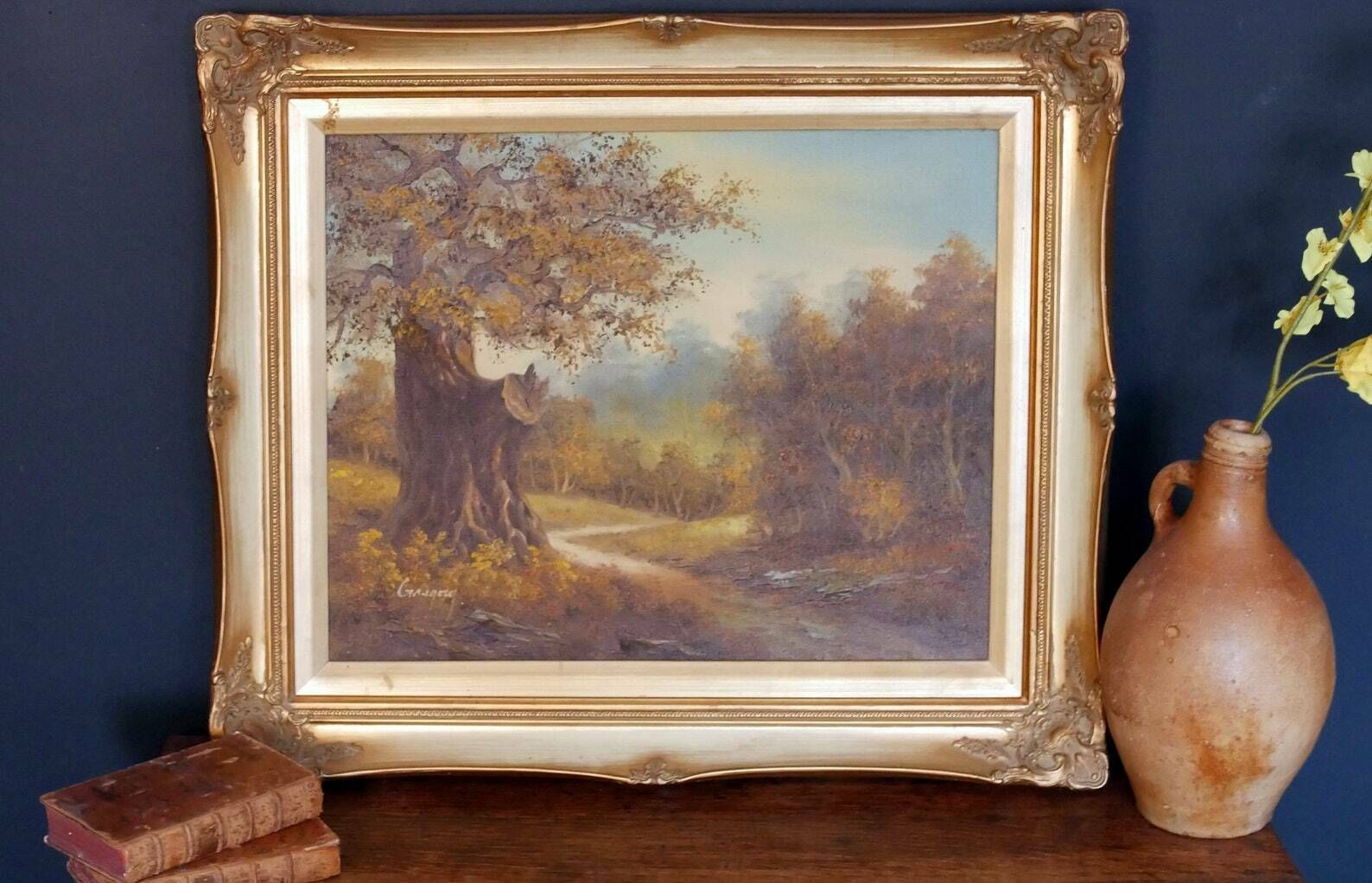 Oil On Canvas Landscape Painting Gilt Frame Vintage Rural Scene Figurative