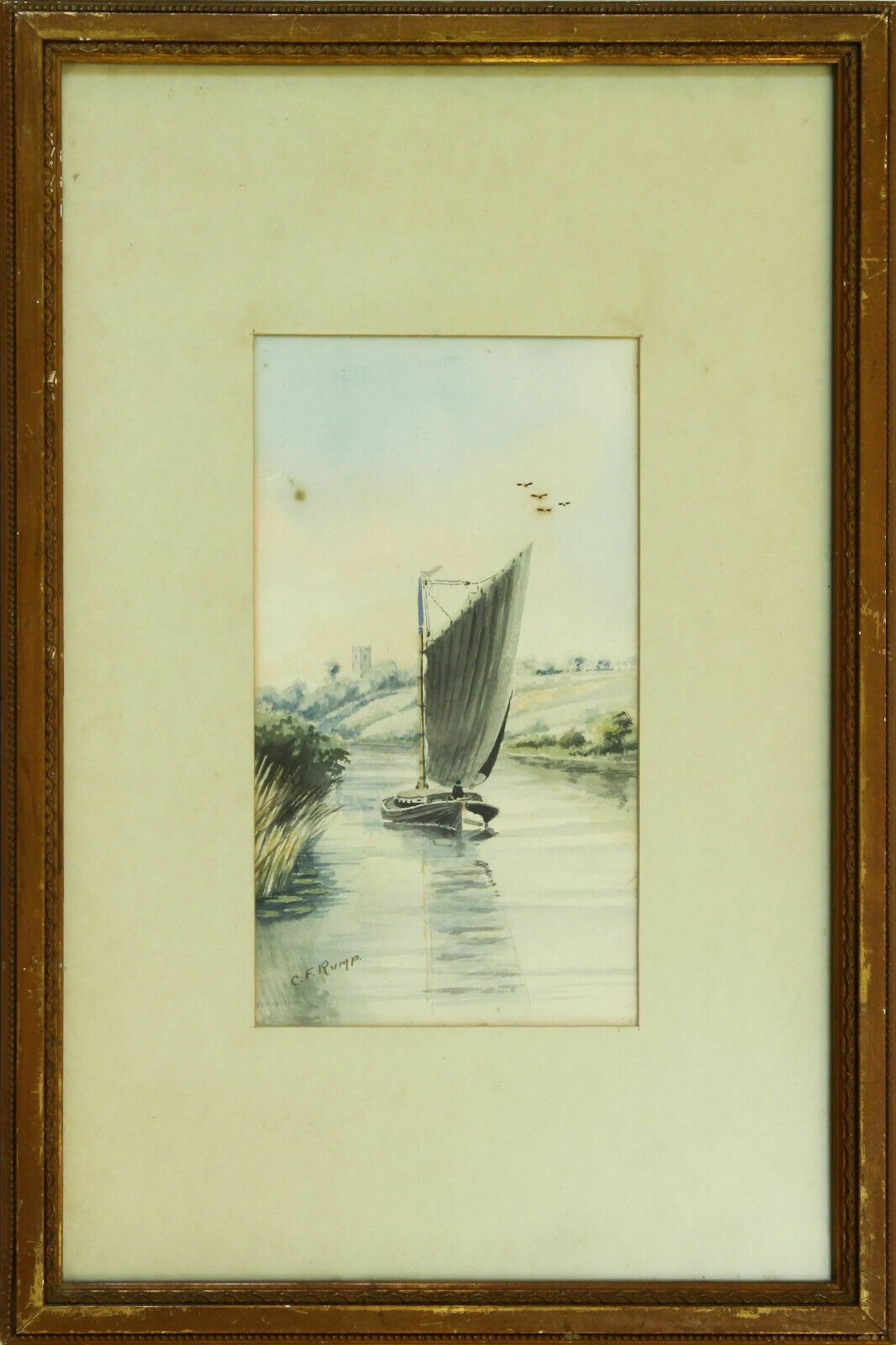Watercolour By Charles Frederick Rump. Wherry On The Broads