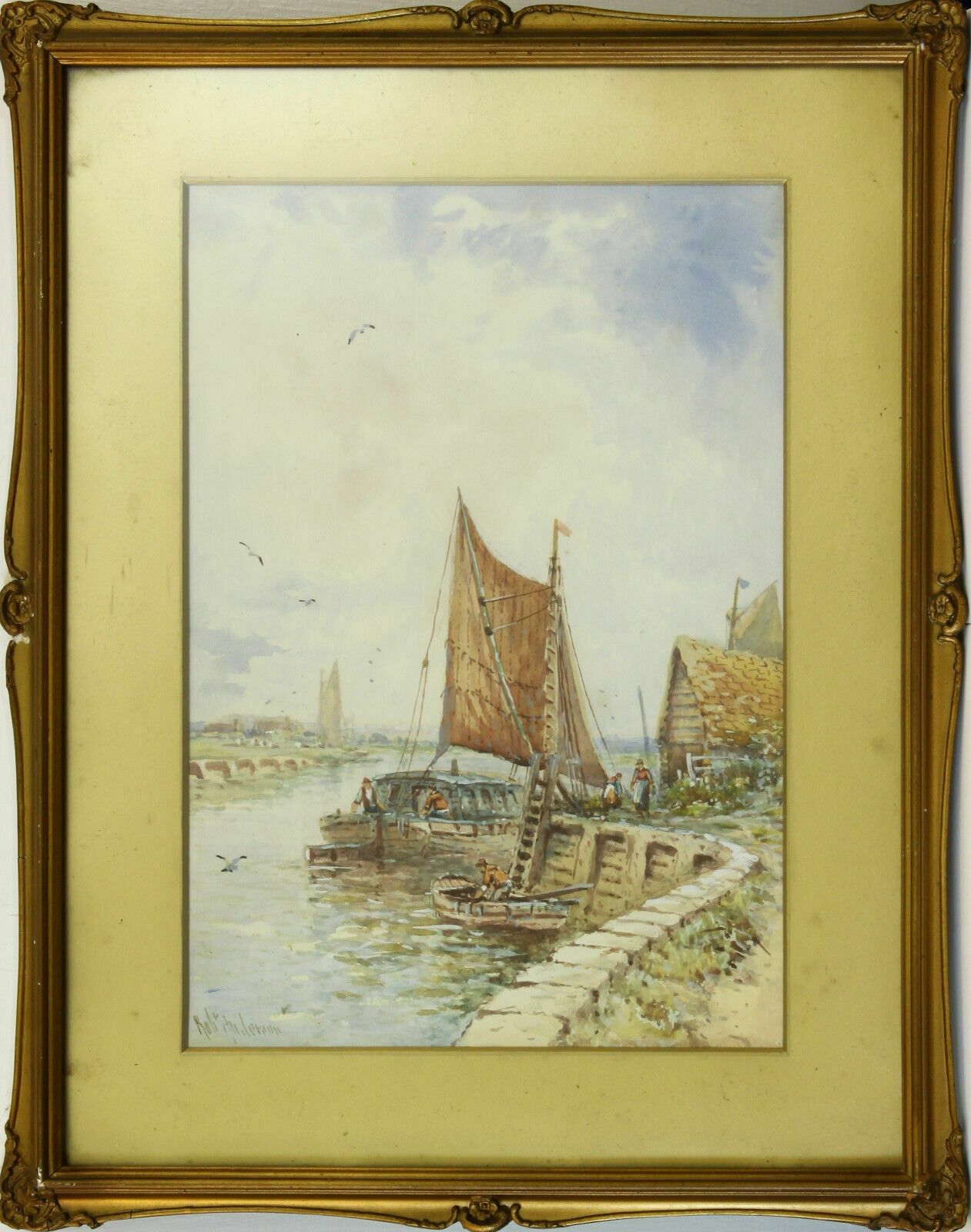 Watercolour By Robert Anderson. Sailing Barge Possibly On The Waveney