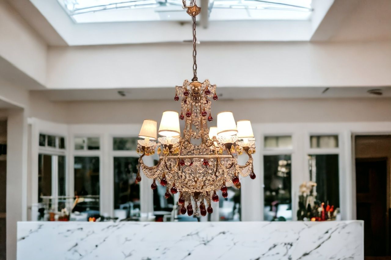 Large Antique Macaroni Crystal Beaded Chandelier 1940’s photo for sale