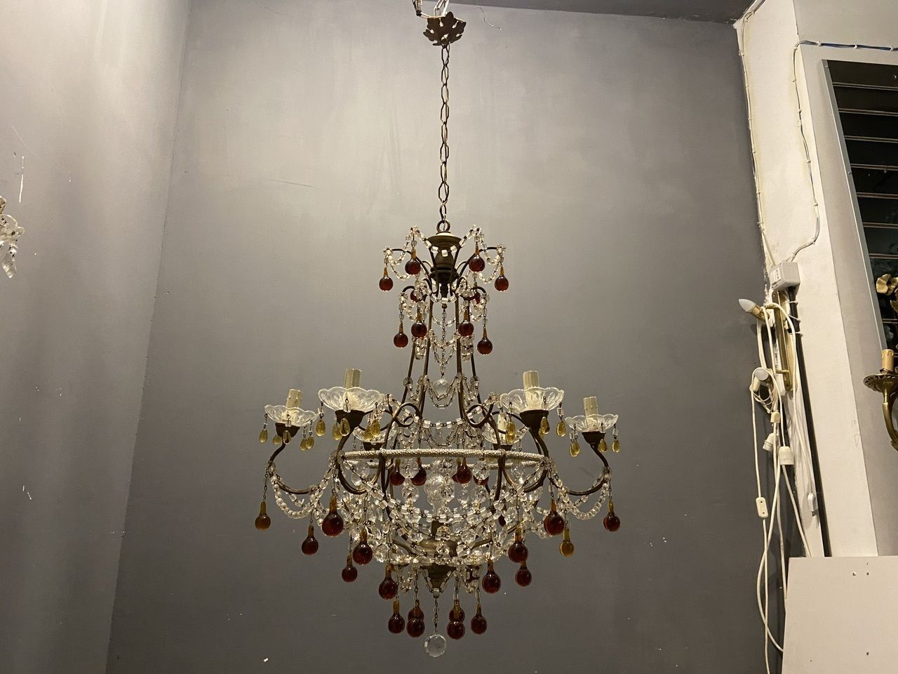 photo for sale Large Antique Macaroni Crystal Beaded Chandelier 1940’s