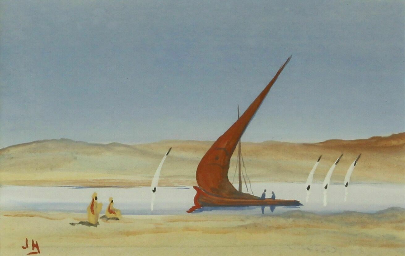 Gouache By J Hudson. Red Sailed Dhow Boat photo furniture