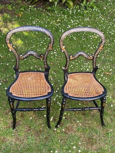 Pair Of 19th Century Ebonised Victorian Side Chairs, English C. 1860 photo furniture