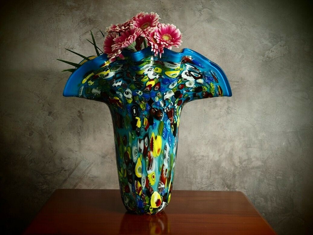 Amazing And Beautiful Blue Vase, Large Murano Style Glass Vase, Venetian Glass Home Decor, Antique Blue Wavy Design, Gift Idea