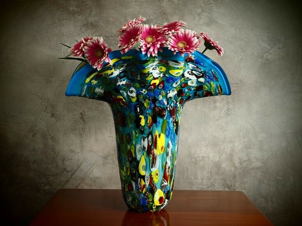 Amazing And Beautiful Blue Vase, Large Murano Style Glass Vase, Venetian Glass Home Decor, Antique Blue Wavy Design, Gift Idea photo furniture
