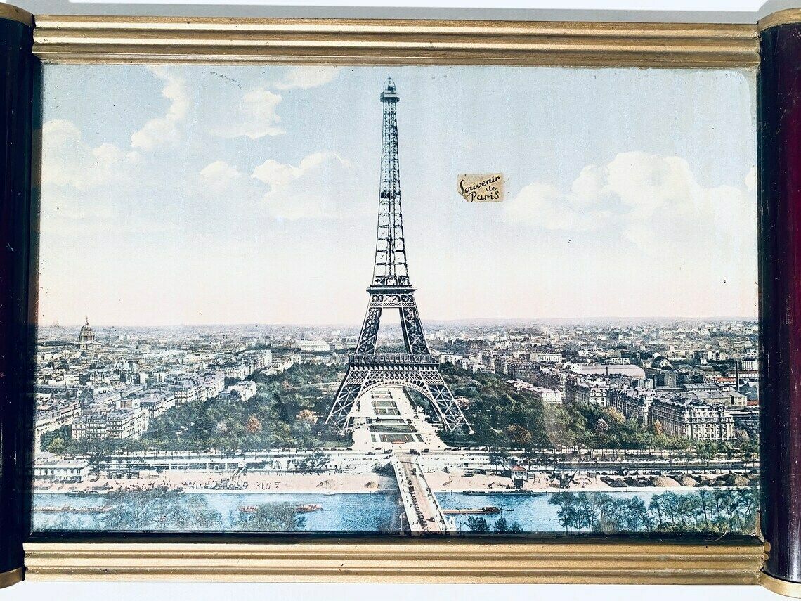 Art Deco Paris Eiffel Tower Wooden Serving Tray / Vintage Souvenir France photo for sale